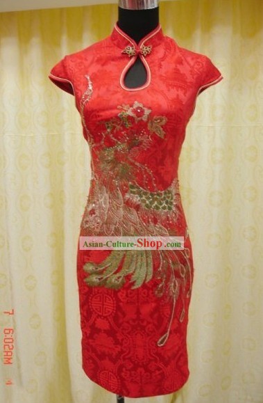 Traditoinal Lucky Red Phoenix Wedding Dress Short Qipao