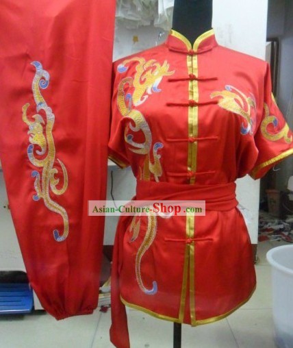 Chinese Classic Red Silk Embroidery Wu Shu Uniform for Men