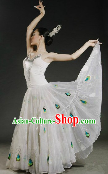 White Peacock Dance Outfit and Headwear Complete Set for Women