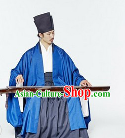 Ancient China Song Dynasty Male Blue Chinese Hanfu Clothing Complete Set for Men