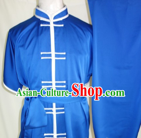 Silk Blue Dress Pants and Soft Belt Kung Fu Practice Clothing Complete Set