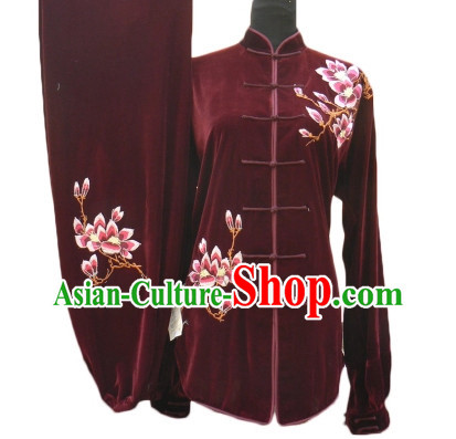 Top Dark Red Velvet Spring Autumn Winter Wear Kung Fu Clothing Complete Set