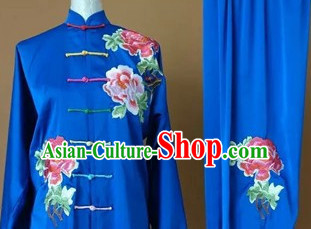 Blue Top Embroidered Mandarin Tai Chi Taiji Martial Arts Competition Uniforms Dresses Suits Outfits