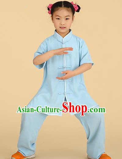 Chinese Kung Fu Linen Plated Buttons Costume, Traditional Martial Arts Tai Ji Blue Uniform for Kids