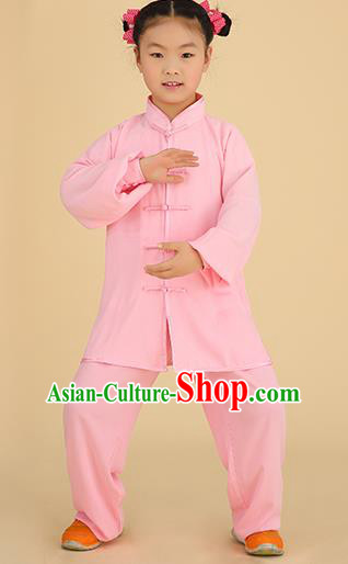 Chinese Kung Fu Linen Plated Buttons Costume, Traditional Martial Arts Tai Ji Pink Long Sleeve Uniform for Kids