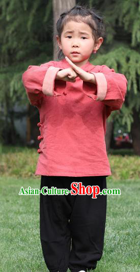 Chinese Kung Fu Linen Slant Opening Costume, Traditional Martial Arts Tai Ji Red Uniform for Kids