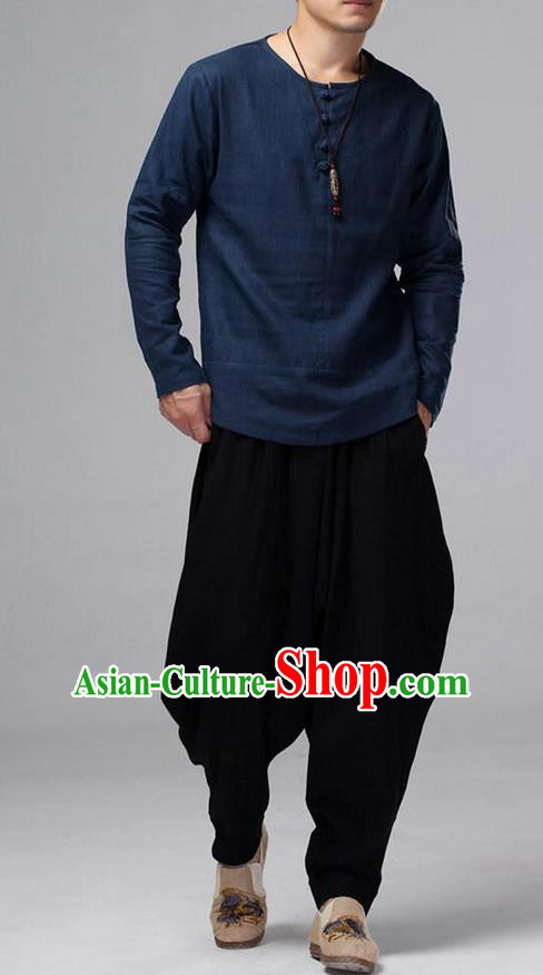 Top Chinese National Tang Suits Flax Frock Costume, Martial Arts Kung Fu Long Sleeve Dark Blue T-shirt, Kung fu Plate Buttons Unlined Upper Garment, Chinese Taichi Shirts Wushu Clothing for Men