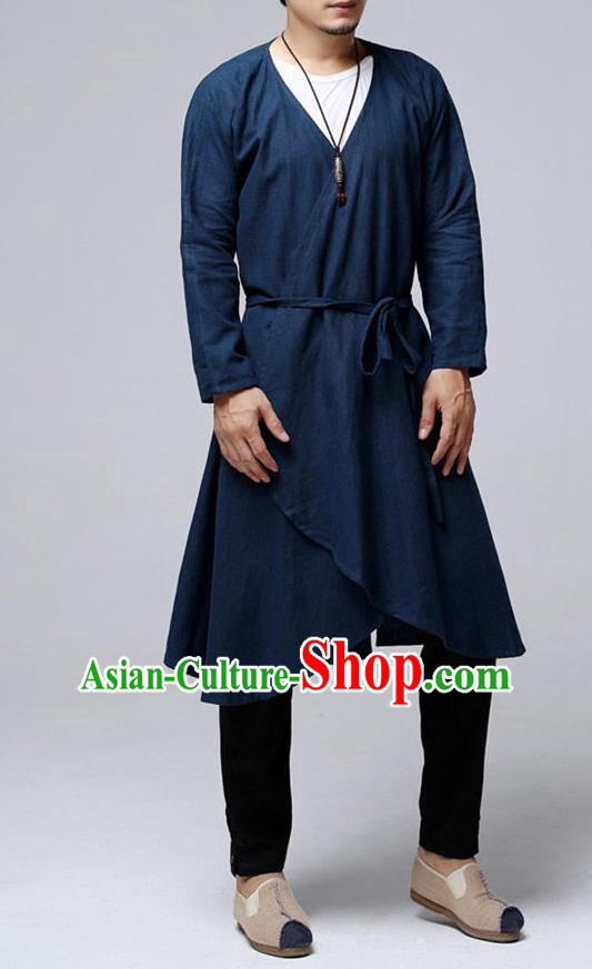 Traditional Top Chinese National Tang Suits Flax Frock Costume, Martial Arts Kung Fu Purplish Blue Cardigan, Kung fu Unlined Upper Garment, Chinese Taichi Dust Coats Wushu Clothing for Men