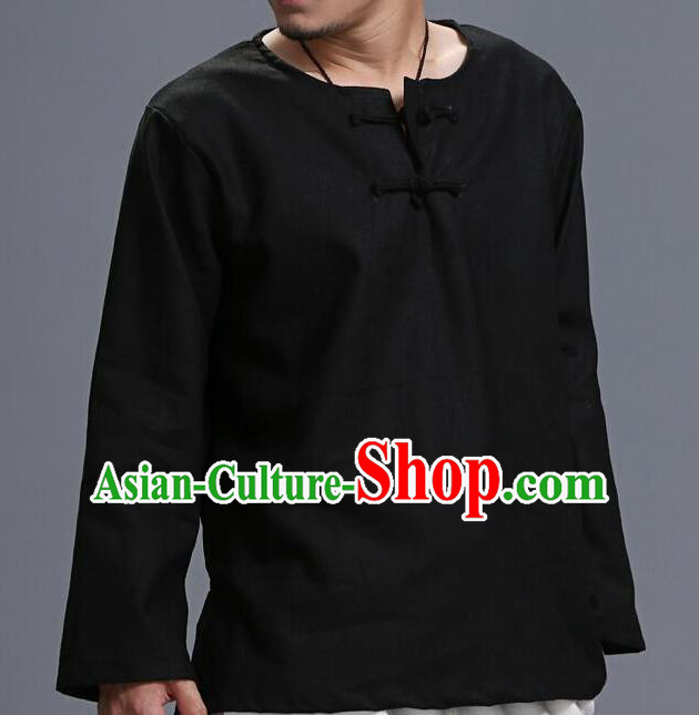 Traditional Top Chinese National Tang Suits Linen Frock Costume, Martial Arts Kung Fu Long Sleeve Black T-Shirt, Kung fu Plate Buttons Upper Outer Garment, Chinese Taichi Shirts Wushu Clothing for Men