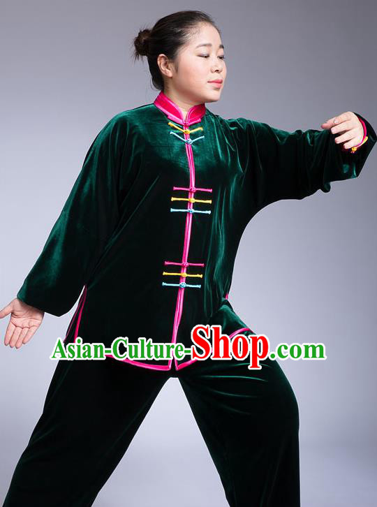 Traditional Chinese Top Pleuche Kung Fu Costume Martial Arts Kung Fu Training Colorful Plated Buttons Green Uniform, Tang Suit Gongfu Shaolin Wushu Clothing, Tai Chi Taiji Teacher Suits Uniforms for Women