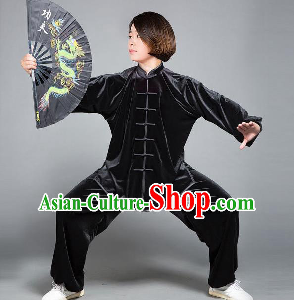 Traditional Chinese Top Gold Velvet Kung Fu Costume Martial Arts Kung Fu Training Plated Buttons Black Uniform, Tang Suit Gongfu Shaolin Wushu Clothing, Tai Chi Taiji Teacher Suits Uniforms for Women