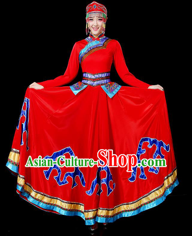 Traditional Chinese Mongol Nationality Dancing Costume, Mongols Female Folk Dance Ethnic Big Swing Dress, Chinese Mongolian Minority Nationality Embroidery Costume for Women