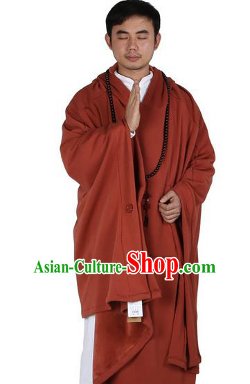 Top Kung Fu Costume Martial Arts Orange Red Cloak Pulian Zen Clothing, Tai Ji Mantle Gongfu Shaolin Wushu Tai Chi Meditation Hooded Cape for Men