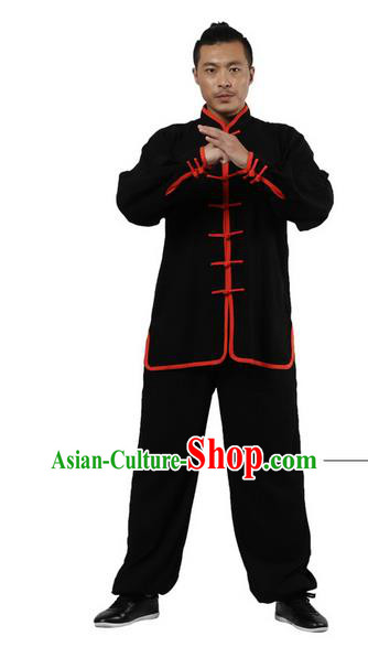 Top Grade Kung Fu Costume Martial Arts Black Red Edge Suits Pulian Zen Clothing, Training Costume Tai Ji Uniforms Gongfu Shaolin Wushu Tai Chi Plated Buttons Clothing for Men