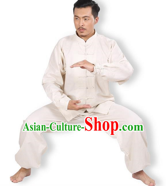 Top Grade Kung Fu Costume Martial Arts Beige Linen Suits Pulian Zen Clothing, Training Costume Tai Ji Meditation Uniforms Gongfu Wushu Tai Chi Plated Buttons Clothing for Men