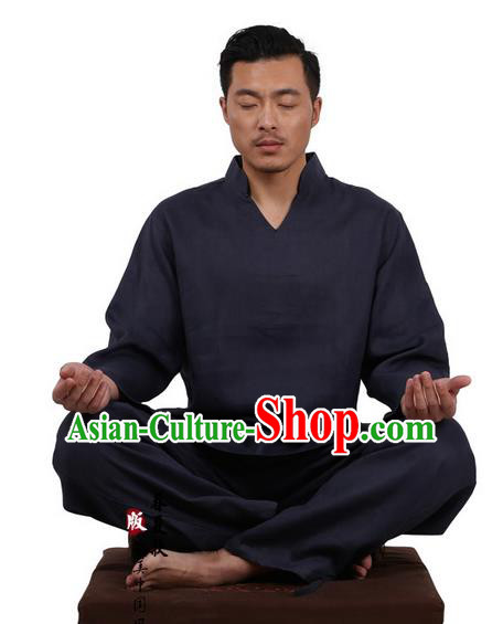 Traditional Chinese Kung Fu Costume Martial Arts Navy Linen Training Suits Pulian Clothing, Tai Ji Meditation Uniforms Gongfu Wushu Tai Chi Clothing for Men