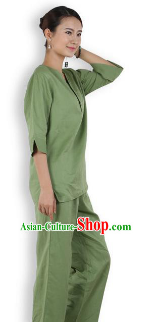 Traditional Chinese Kung Fu Costume Martial Arts Linen Green Suits Pulian Meditation Clothing, China Tang Suit Yoga Uniforms Tai Chi Clothing for Women