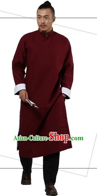 Traditional Chinese Kung Fu Costume Martial Arts Linen Plated Buttons Red Long Robe Pulian Clothing, China Tang Suit Long Flown Tai Chi Clothing for Men