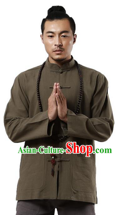 Traditional Chinese Kung Fu Costume Martial Arts Linen Plated Buttons Army Green Overshirt Pulian Clothing, China Tang Suit Shirt Tai Chi Clothing for Men