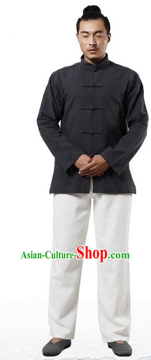 Traditional Chinese Kung Fu Costume Martial Arts Linen Plated Buttons Black Overshirt Pulian Clothing, China Tang Suit Shirt Tai Chi Clothing for Men