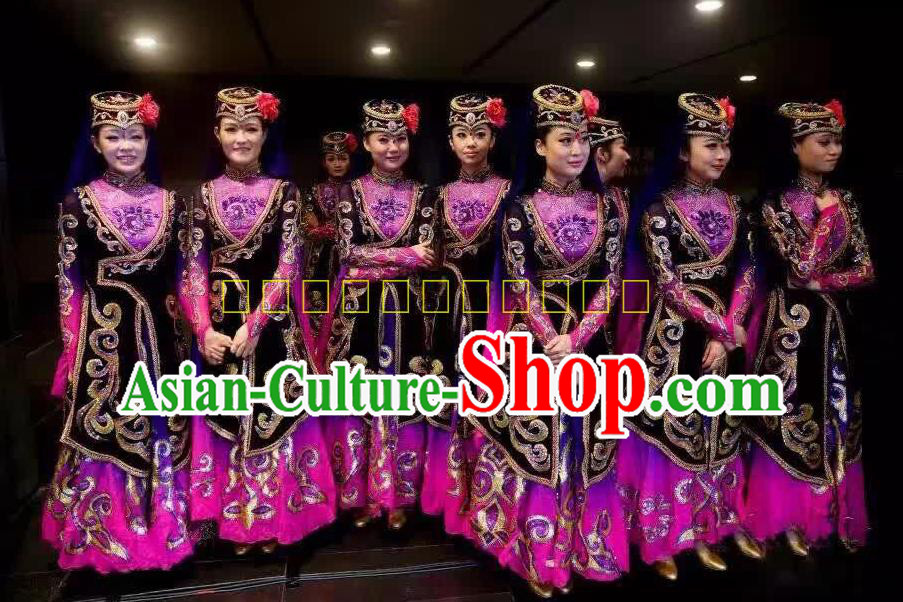 Traditional Chinese Uyghur Nationality Dancing Costume, Chinese Minority Nationality Uigurian Purple Dance Dress for Women