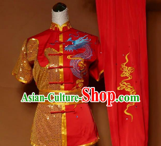 Asian Chinese Top Grade Silk Kung Fu Costume Martial Arts Tai Chi Training Suit, China Gongfu Shaolin Wushu Embroidery Dragon Red Uniform for Men