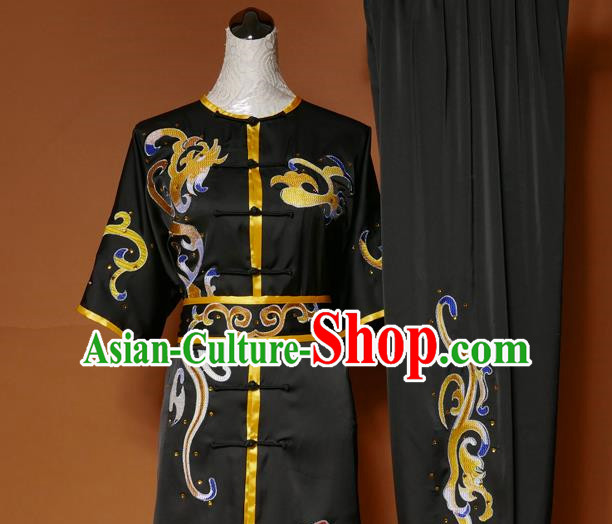 Top Grade Kung Fu Silk Costume Asian Chinese Martial Arts Tai Chi Training Black Short Sleeve Uniform, China Embroidery Gongfu Shaolin Wushu Clothing for Men