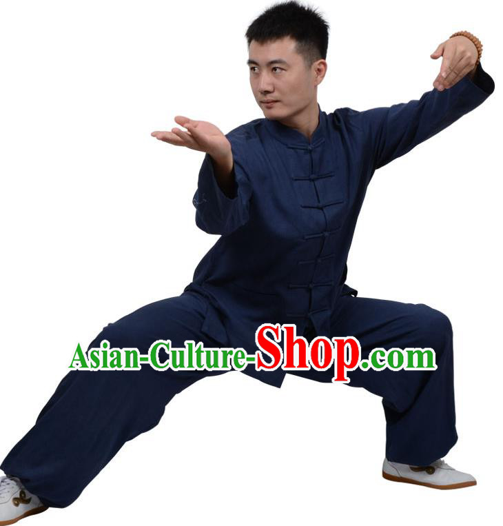 Top Kung Fu Linen Costume Martial Arts Costume Kung Fu Training Clothing, Tai Ji Plated Buttons Navy Uniform Gongfu Wushu Clothing for Women for Men