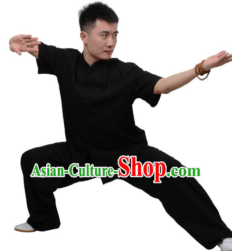 Top Kung Fu Linen Costume Martial Arts Costume Kung Fu Training Short Sleeve Black Uniform, Gongfu Shaolin Wushu Tai Ji Plated Buttons Clothing for Women for Men