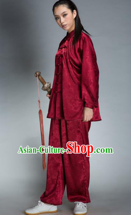 Top Grade Chinese Kung Fu Plated Buttons Wine Red Costume, China Martial Arts Uniform Tai Ji Wushu Clothing for Women