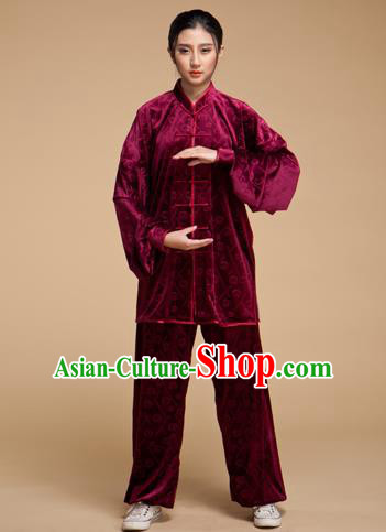 Top Grade Chinese Kung Fu Plated Buttons Costume Wine Red Pleuche Martial Arts Uniform, China Tai Ji Wushu Clothing for Women