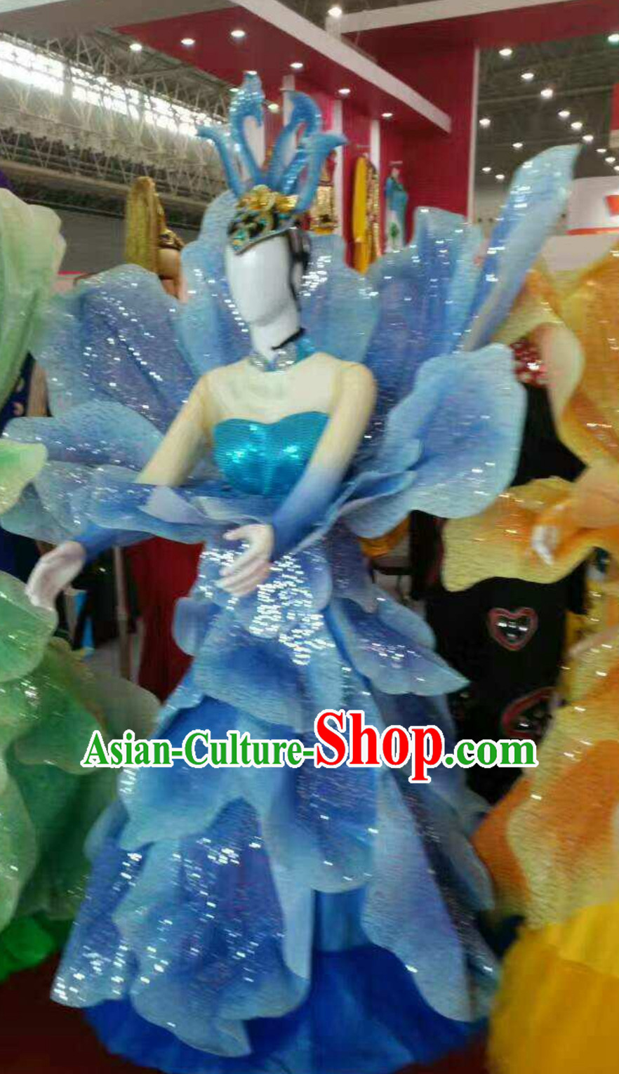 Blue Chinese Classical Flower Dance Costume Dancing Costumes and Headpieces Complete Set for Women