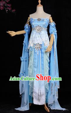 Chinese Ancient Swordswoman Costume Cosplay Tang Dynasty Princess Blue Dress Hanfu Clothing for Women