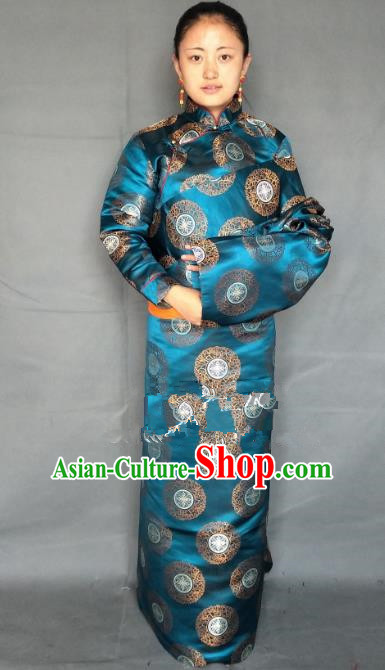Chinese Traditional Zang Nationality Clothing Blue Tibetan Robe, China Tibetan Ethnic Heishui Dance Costume for Women