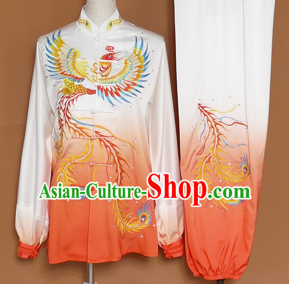 Classical Giant Phoenix Embroidered Long Sleeves Martial Arts Clothing Kung Fu Dress Wushu Suits Stage Performance Championship Competition Dresses Full Set for Girls Women