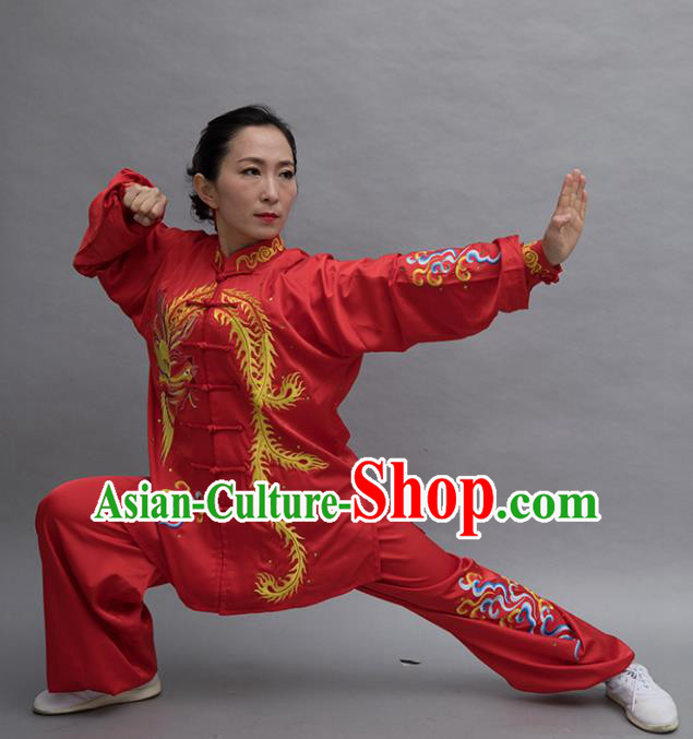 Top Tai Ji Training Embroidered Phoenix Red Uniform Kung Fu Group Competition Costume for Women