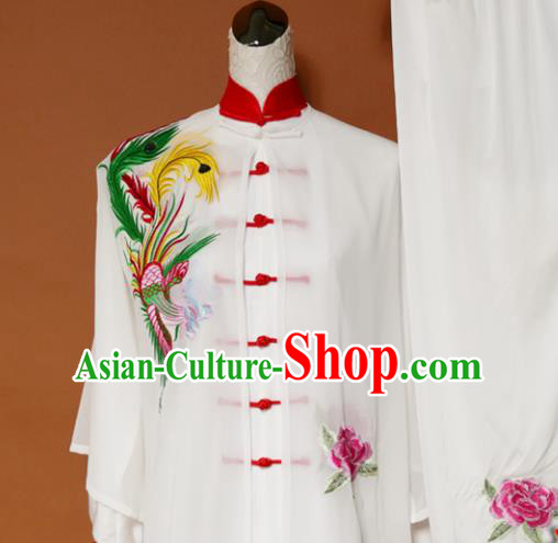 Top Tai Ji Training Embroidered Phoenix Peony White Uniform Kung Fu Group Competition Costume for Women