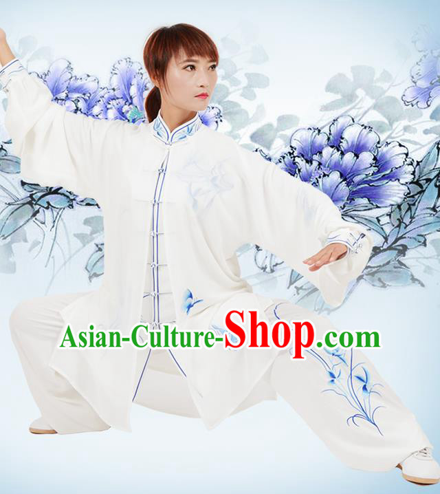 Chinese Traditional Kung Fu Printing Orchid White Costume Martial Arts Tai Ji Competition Clothing for Women