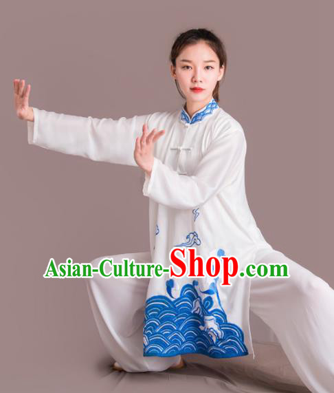 Chinese Traditional Kung Fu Costume Martial Arts Competition Tai Chi Embroidered Blue Clothing for Women