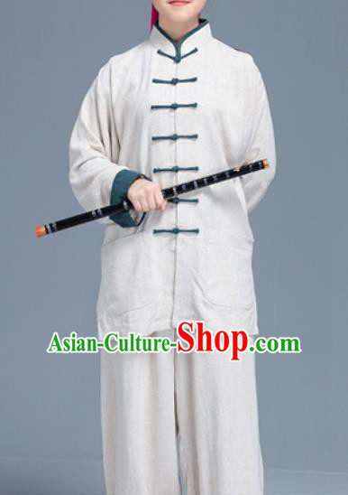 Asian Chinese Traditional Martial Arts White Linen Costume Tai Ji Kung Fu Training Uniform for Women