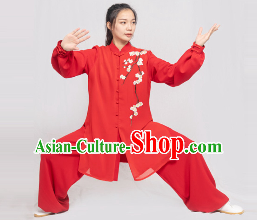 Red Embroidered Plum Blossom Chinese Traditional Competition Championship Professional Tai Chi Uniforms Taiji Kung Fu Wing Chun Kungfu Tai Ji Sword Master Clothing Suits Clothing