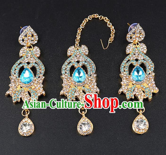 Indian Traditional Wedding Blue Crystal Earrings and Eyebrows Pendant India Bollywood Court Princess Jewelry Accessories for Women