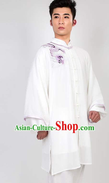 Chinese Traditional Martial Arts Competition Embroidered Dragon White Costume Kung Fu Tai Chi Training Clothing for Men