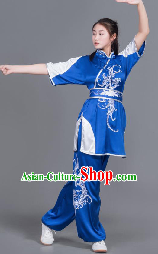 Professional Chinese Martial Arts Embroidered Royalblue Costume Traditional Kung Fu Competition Tai Chi Clothing for Women