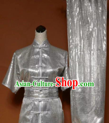 Chinese Tai Chi Changquan Argent Sequins Garment Outfits Traditional Kung Fu Martial Arts Costumes for Adult