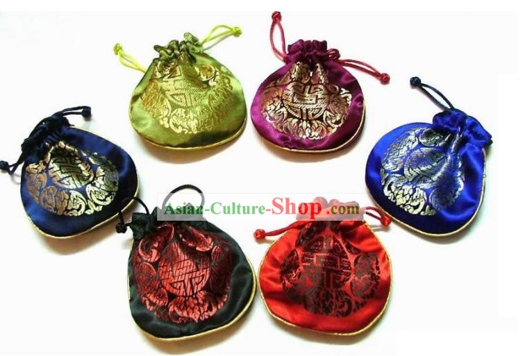 Chinês clássico Silk Bolsas Jóias Drawstring Set-Fu (5 peças)