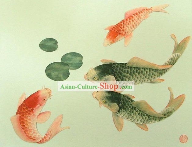 ウッドハウスソリッド装飾絵画、豊かな金魚彫刻中国の古典ハンド