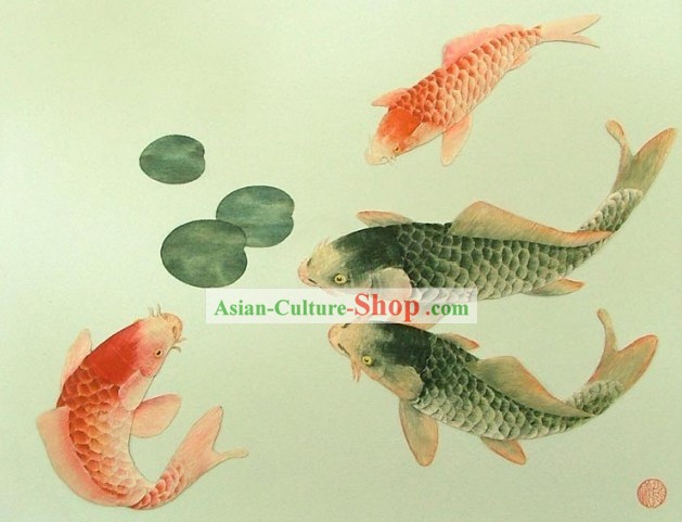 Chinese Classic Hand Carved Wood House Solid Decorative Painting-Prosperous Goldfish