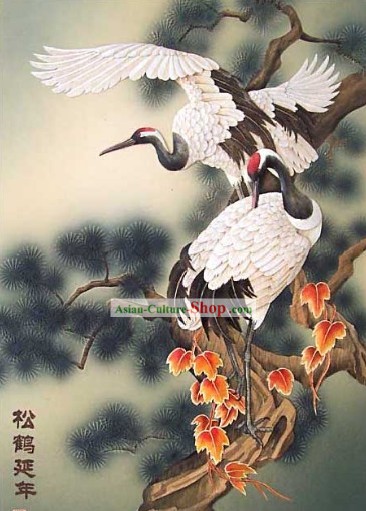 Chinese Classic Hand Carved Wood House Solid Decorative Painting-Cranes