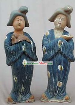 Chinese Tang San Cai Statue-Tang Dynasty Fat Ladies Holding Dogs and Baby(2 Pieces Set)